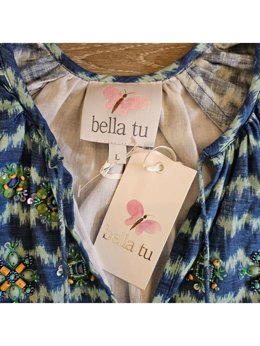 Bella Tu Womens Kaftan Dress Blue Ikat V-Neck 3/4 Sleeve Emblemished Size L NWT - Picture 5 of 9